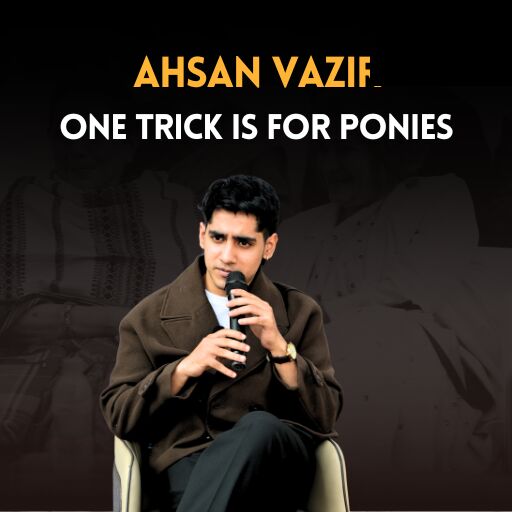 Ahsan Vazir on the Metaphor Lucknow Litfest stage, captioned “One trick is for ponies.”
