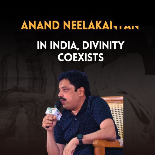 Anand Neelakantan on the Metaphor Lucknow Litfest stage, captioned “In India, divinity coexists.”