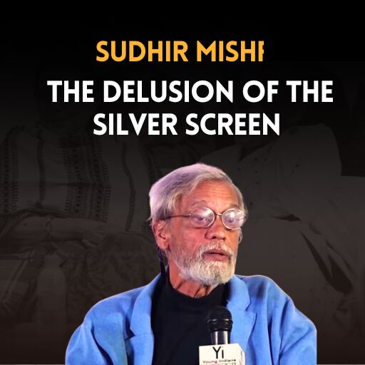 Sudhir Mishra on the Metaphor Lucknow Litfest stage, captioned “The delusion of the silver screen.”